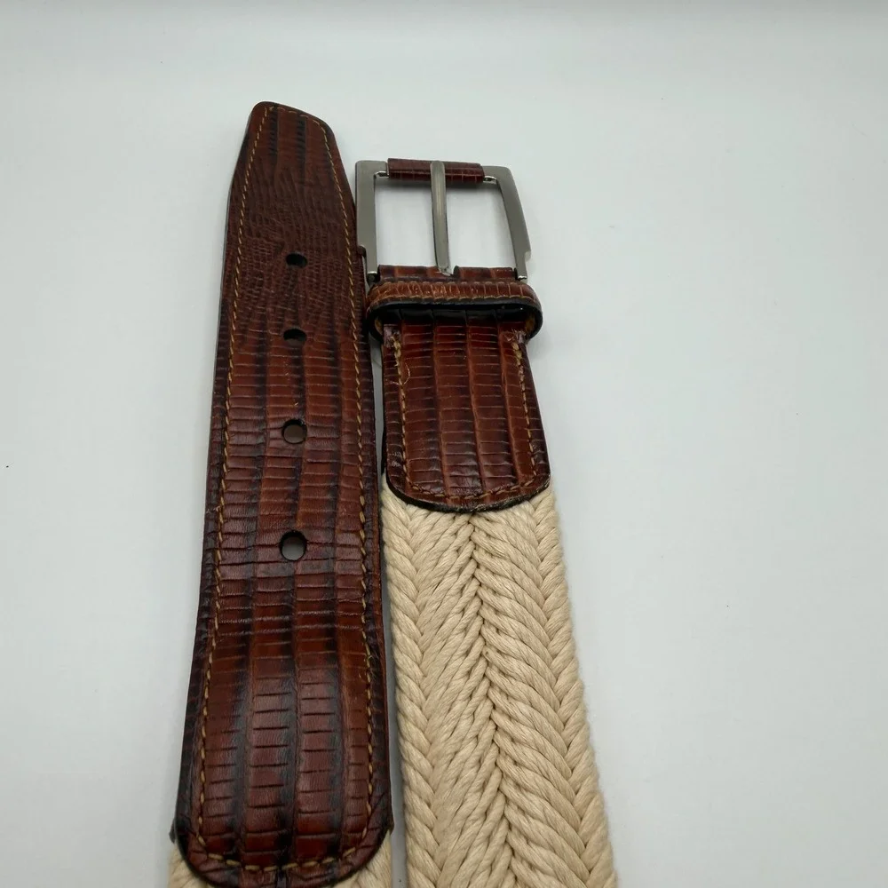 Trafalgar Mens Woven Cotton Rope Belt Lizard Embossed Leather Trim 38 Brown‎ USA